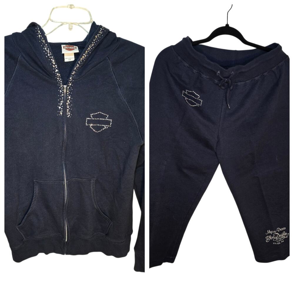Womens Harley Davidson 2 piece Sweatsuit, Jacket and Crpped Sweatpants Large